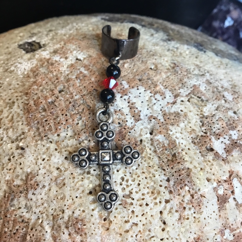 Gothic Cross Ear Cuff with Black Onyx Beads and Red Crystal Accents